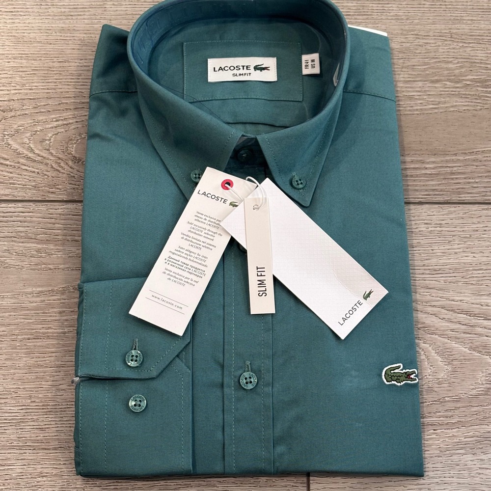 Lacoste Button Down Shirt Mens Medium Green Slim Fit Cotton Long Sleeve New